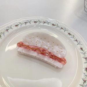 Creative hot dog hair claw clip made of acetic acid material on a white porcelain plate