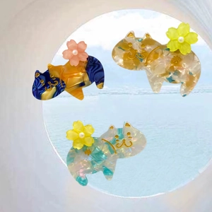Japanischer Stil Acetat Katze Haarspange Süße Tier Entenschnabel-Clip Mit Blumen Künstliche Perlen Dekor Cartoon Pony Seitenclip Für Damen