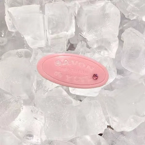 Pink acetate soap-shaped spring hair clip with SAVON letter engraving and pink rhinestone