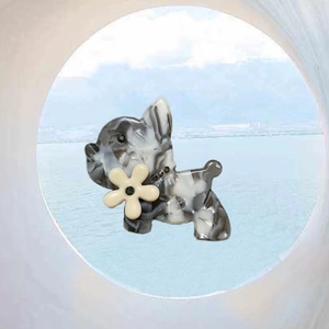 Cute French Bulldog hair clip made of marble patterned acetate with flower detail