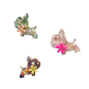 Cute dog shaped acetate hair clips with marble texture and floral rhinestone accents