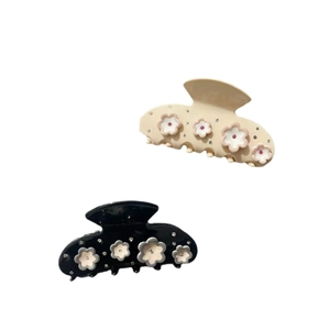 Elegant acetate 3D flower hair claw clip with rhinestones in black and beige colors