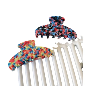 Large acetate shark hair claw clips with colorful mosaic texture and marble finish