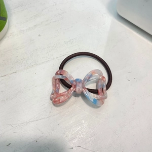 Sweet marble-patterned resin bow hair tie with high-elastic dark brown band for girls