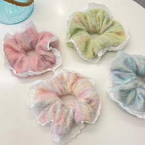 Dolce Scrunchie Peloso Color Caramella con Bordo in Pizzo Morbido Maglia di Lana Plissettata Cerchietto per Capelli da Donna