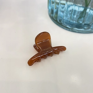 Detail of amber acetate hair clip featuring gold France Handmade lettering on side
