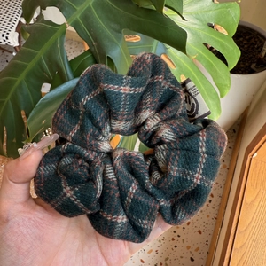 Classic British plaid hair scrunchie in deep green and red thick flannel with brand label