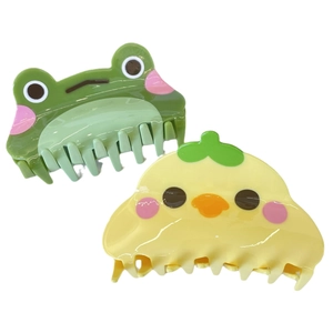 Cute acetate hair claws in yellow duck and green frog shapes with smooth glossy finish