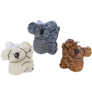 Pinces à cheveux koala en acrylique crème, gris et ambre avec texture marbrée