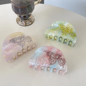 Elegant Butterfly Rhinestone Hair Claw For Women Acrylic Marble Texture Hair Clip Minimalist Fashion Shark Clip Hair Accessory