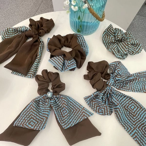 Maillard style hair scrunchies set with chiffon ribbons and geometric patterns