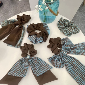Korean Style Maillard Geometric Wave Pattern Large Scrunchie Bow Hair Ribbon Elegant Fabric Handmade Hair Tie For Women
