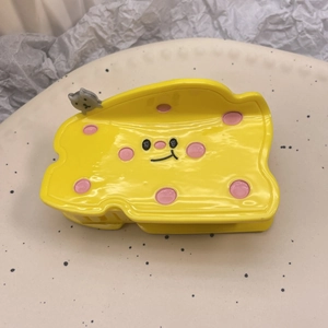 Niedliche gelbe Käse-Haarklammer mit Smiley und kleiner grauer 3D-Katzenverzierung