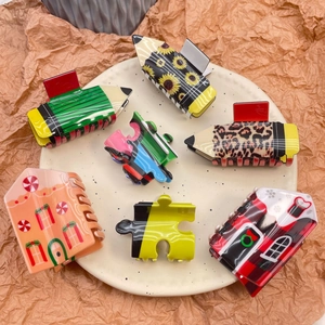 Creative Acetate Hair Claw Clips Cute Pencil Puzzle House Shapes Christmas Snowflake Plaid Y2K Hair Accessories For Women