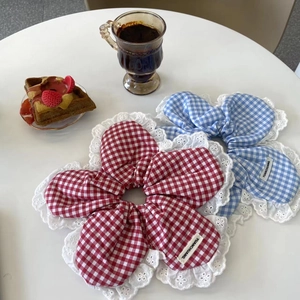 Sweet plaid scrunchies with white lace edges in red and blue colors for women
