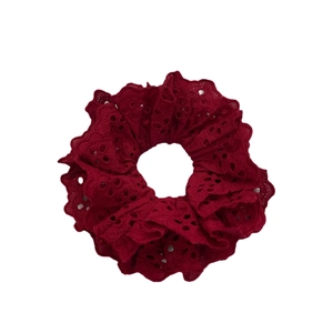 Elegant burgundy eyelet lace scrunchie with scalloped edges for autumn styling