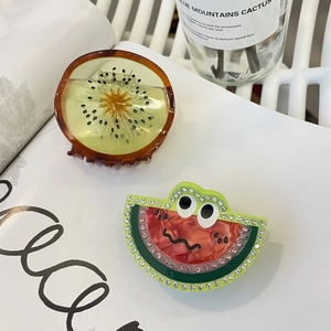Funny cartoon eye fruit hair claw clips with watermelon and kiwi rhinestone designs