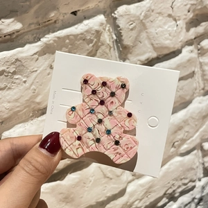 Pince à cheveux ours mignonne en acétate avec strass colorés et effet marbre rose