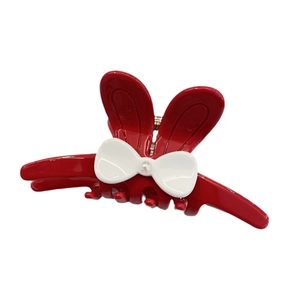 Pince à cheveux lapin rouge en acétate avec nœud blanc et perle élégante pour femme