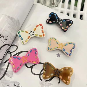 Sweet Acetate Bow Hair Clip With Star Pattern And Colorful Weaved Edge Cute Duckbill Fringe Clip For Women Daily Accessories