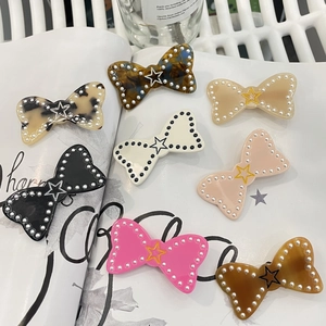 Sweet Acetate Bow Tie Hair Clip With Star Faux Artificial Pearl Embellishment Y2K Style Star Duckbill Clip For Women Girls Accessory
