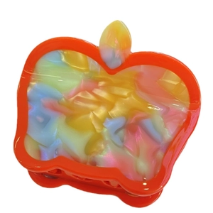 Cute apple-shaped hair claw clip with colorful rainbow marble texture on white background