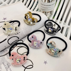 Korean Style Rocking Horse Hair Tie Resin Heart Rhinestone Elastic Hair Band Sweet Horse Headpiece For Girls Women
