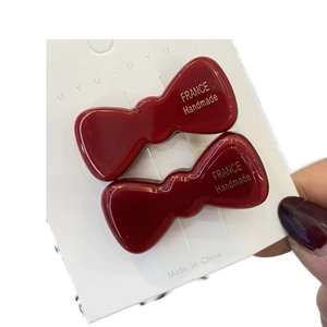 Pair of jelly wine red bow duckbill hair clips with gold France handmade lettering