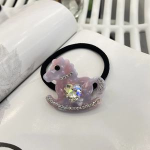 Chic pink marble resin rocking horse hair tie with heart crystal and rhinestones