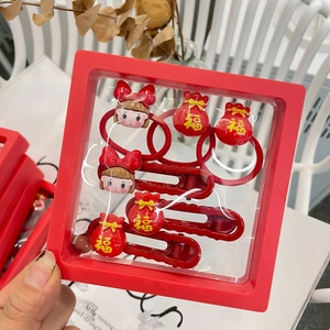 6-piece festive red hair accessory set with lucky pouches and girl characters in a 3D frame