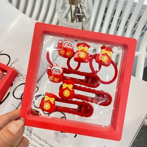 Red Chinese New Year Hair Clips Hair Ties Display Box Resin Cartoon Lucky Bag Koi Fortune Cat Hair Accessories Kids Girls Festive Gift