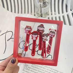 Detailed view of 5-piece red cartoon hair clips set in a square PE film gift display box