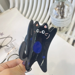 Pince à cheveux chat noir en acétate avec pois bleus pour une coiffure élégante et mignonne