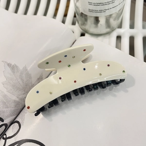 Acetate hair claw clip in cream finish with colorful rhinestones for women hair styling