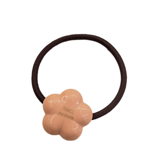 Cute pink flower hair tie with high elastic brown band and golden France handmade text