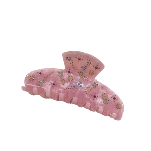Pink marble acetate hair claw clip with colorful rhinestones and gold dot flower patterns