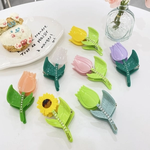 Cellulose Acetate Floral Hair Claw Clips With Rhinestone Sunflower Tulip Shark Clips For Women Sweet Hair Accessories
