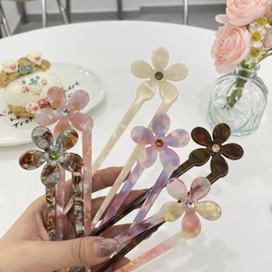 Acetate Flower Hair Stick With Rhinestone Vintage U Shaped Hairpin Elegant Styling Fork For Women Hair Accessories