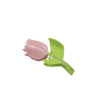 Pink tulip acetate hair claw clip with green leaves and rhinestone accents for women