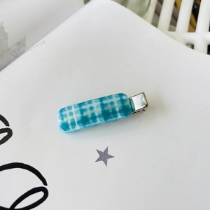 Blue plaid acrylic hair clip with silver metal grip for women hair styling
