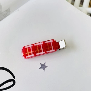 Red plaid acrylic duckbill hair clip with silver metal alligator grip for women