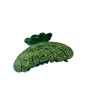 Deep green resin hair claw with premium rhinestones in a semi-circle fan design