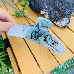 Ink wash landscape hair claw clip with traditional Chinese calligraphy on acrylic