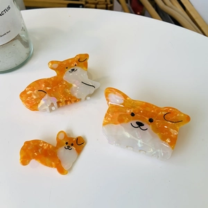 Pince à Cheveux Crabe Corgi en Acétate Dessin Animé Animal Orange Blanc Texture Marbrée Accessoire Coiffure Femme Fille