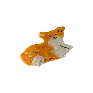 Pince à cheveux mignonne chien Corgi en acétate avec texture marbrée orange et blanc