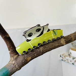 Pinza para el pelo de acetato verde con diseño de panda y bambú para mujer y niña