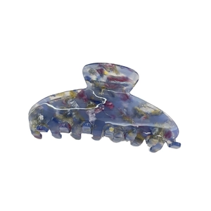 Pince à cheveux élégante en acétate bleu avec motif floral coloré et prise ferme