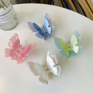 Fairy Style Acetate Double Butterfly Hair Claw Clip Colorful Transparent Rhinestone Shark Clip Elegant Women Hair Catch