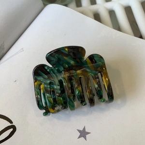 French style tortoiseshell hair claw clip in dark green and amber with gold lettering