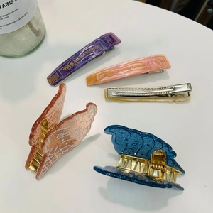 Vue à plat de barrettes à cheveux en acrylique pailleté et épingles à cheveux dentifrice